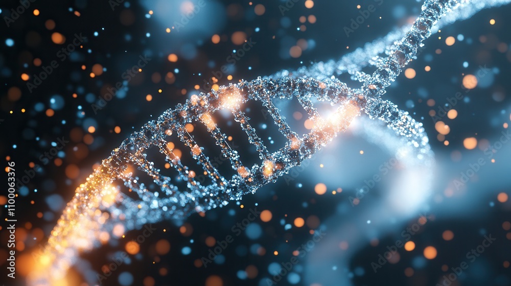 Poster a vibrant, abstract representation of a dna double helix amidst floating particles, symbolizing gene