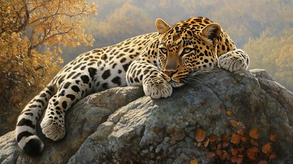 Fototapeta premium Amur Leopard (Panthera Pardus Lying on a Rock