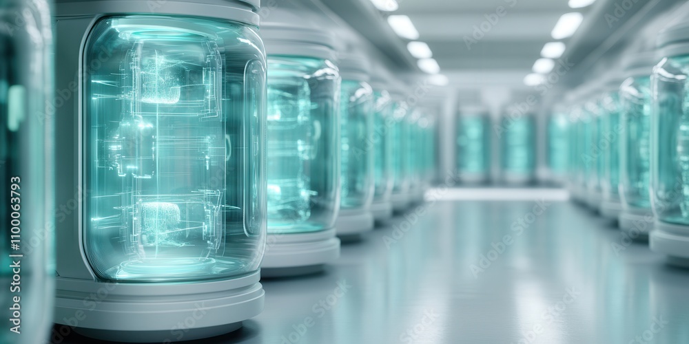 Poster A futuristic scene featuring rows of transparent containers filled with a luminous blue substance in a sleek, modern environment.