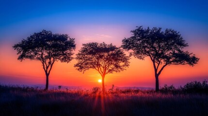 Fototapeta premium Three Silhouetted Trees at Sunset Over Grassland
