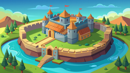 A castle is surrounded by a river and mountains
