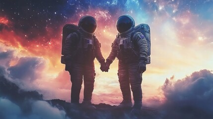 Fototapeta premium Astronaut on foreign planet in front of spacetime portal light