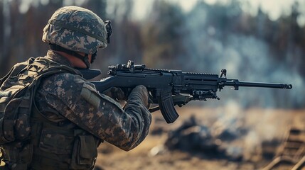 Fototapeta premium Soldier in camouflage gear aims assault rifle during combat training exercise, showcasing military readiness and precision in a rugged outdoor setting.