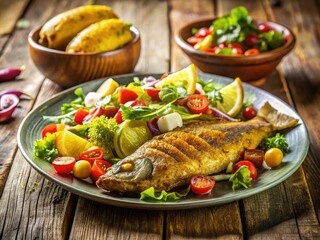 Savor delightful fried fish paired with plantains and fresh salad, showcased in tilt-shift photography, offering a unique view of exquisite gourmet cuisine.