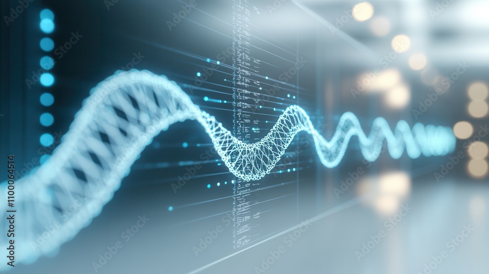 Poster A futuristic digital representation of a wave pattern that symbolizes data flow or genetic information, featuring glowing blue elements against a sleek background.