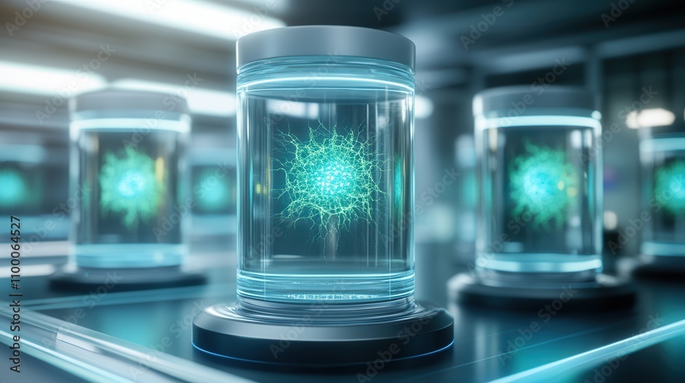 Poster a futuristic laboratory scene featuring glowing jars with intricate designs, suggesting advanced sci