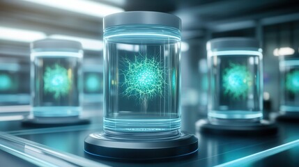 A futuristic laboratory scene featuring glowing jars with intricate designs, suggesting advanced scientific research or experimentation.