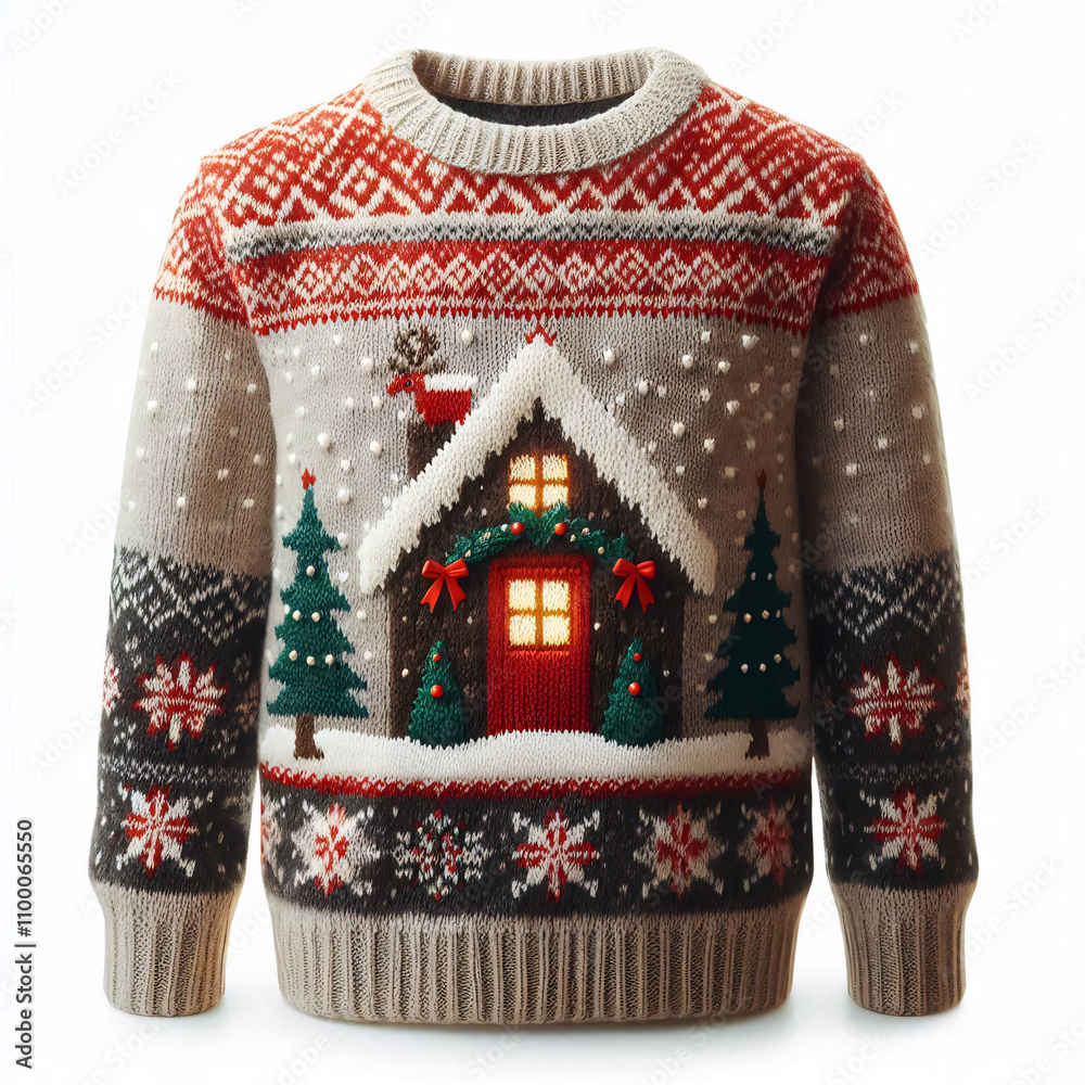 Wall mural A festive Christmas sweater with a cozy cabin, snowflakes, and Christmas trees