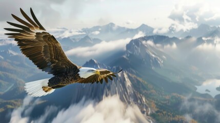 Fototapeta premium Eagle soaring above majestic mountains nature landscape aerial view freedom concept