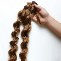 Fototapeta premium a hand carrying a lock of long curly hair