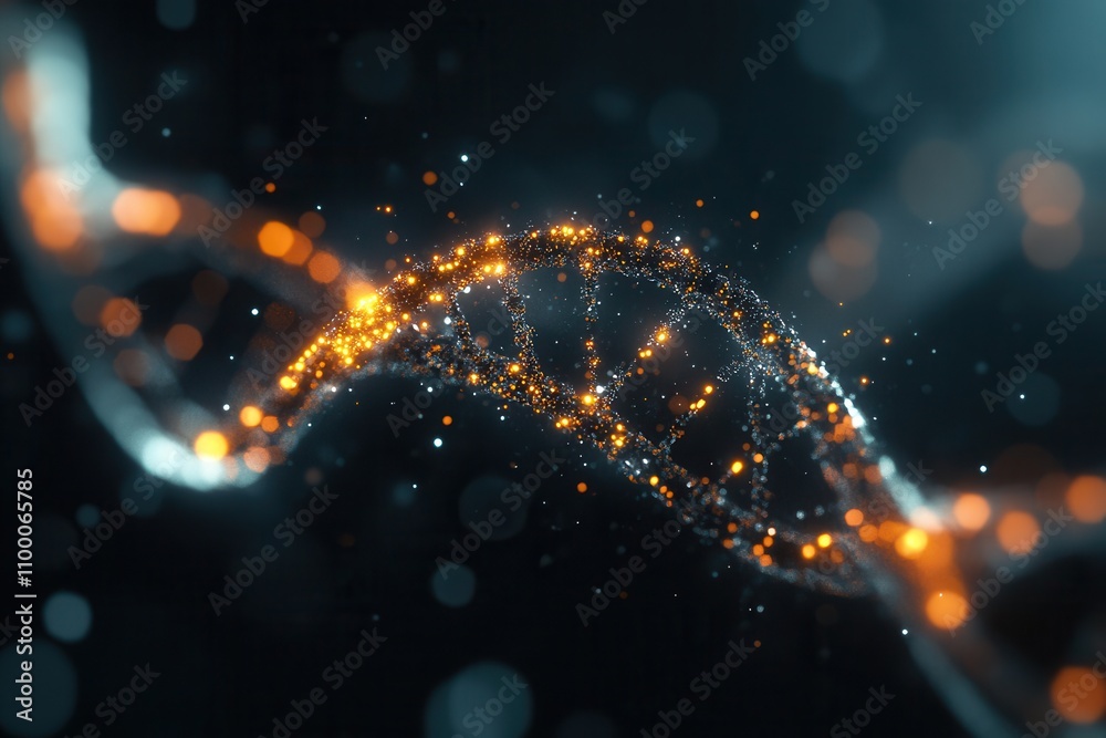 Poster A glowing DNA double helix illuminated by sparkling particles, creating a high-tech and futuristic ambiance.