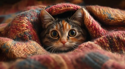 Fototapeta premium A Curious Cat Peeking From A Warm Knit Blanket