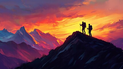 Hikers Silhouette at Sunset Mountain Peak