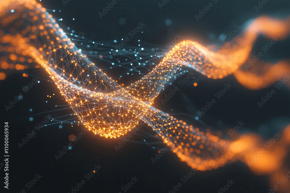 Poster a vibrant, abstract representation of flowing waves, illuminated with shimmering particles of orange