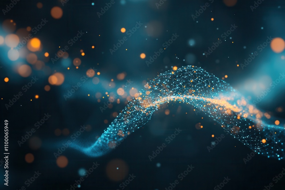 Poster an abstract depiction of flowing particles and light, creating a mesmerizing, colorful wave effect a