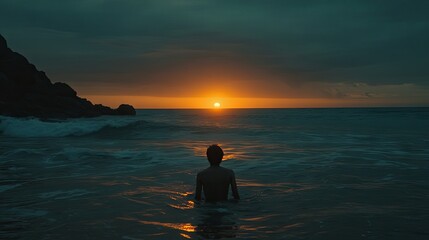 Fototapeta premium Sunset Serenity: A Solitary Figure on the Beach
