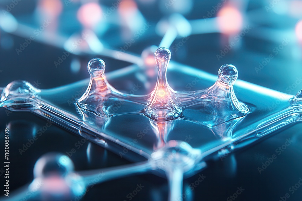 Poster a close-up view of molecular structures, showcasing droplets and light reflections on a surface, emp