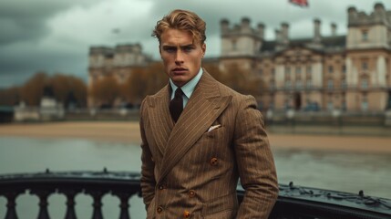 A  blonde ginger gentleman in a light brown pinstripe austere suit stands in front of a palace backdrop