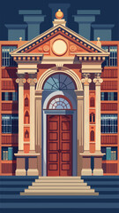 A large red door with a window above it