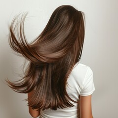 Fototapeta premium Brunette woman with long straight hair on white background.