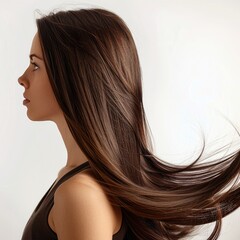 Fototapeta premium Brunette woman with long straight hair on white background.