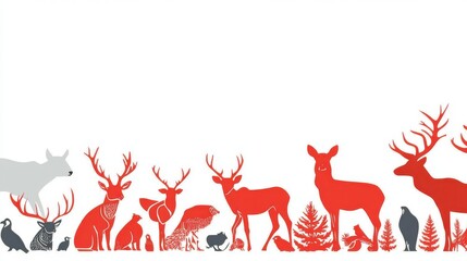 Silhouette of various animals and trees on a white isolated background.