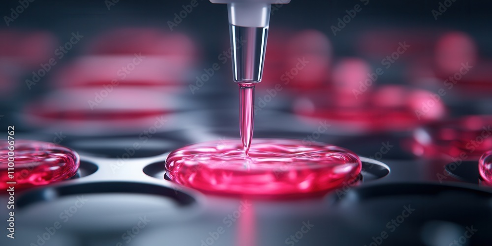Aufkleber a close-up image of a pipette dispensing pink liquid into circular wells, showcasing a laboratory en