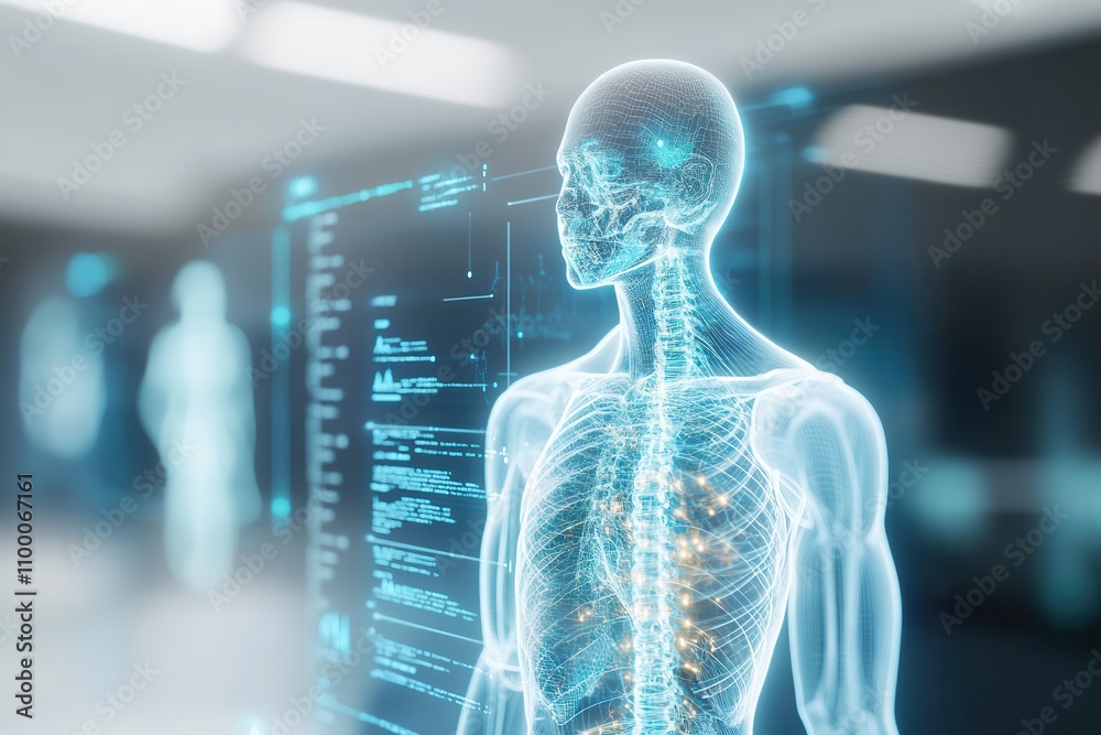 Poster a digital representation of a human skeleton, highlighting anatomical structures with glowing lines,