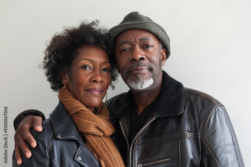 Poster Portrait of a tender afro-american couple in their 50s sporting a classic leather jacket while standing against minimalist or empty room background