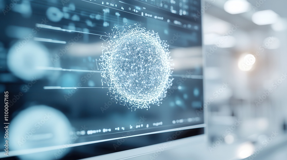 Poster A digital representation of a virus or particle, showcased on a high-tech screen, surrounded by data visualizations and glowing elements.