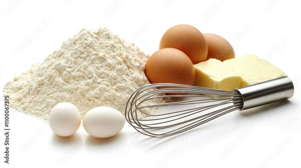 Poster Flour, eggs, a whisk, and butter are neatly arranged on a plain background, with space available for adding custom text and recipes. Generative AI
