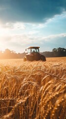 Obraz premium Golden Wheat Field with Tractor at Sunset