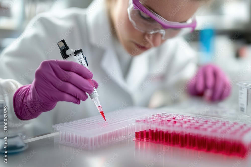 Poster A scientist in a lab conducts experiments using a pipette, wearing protective gear and focusing on precise measurements.
