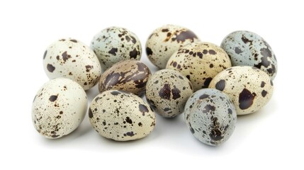 photograph of Quail eggs isolated on white background wide angle lens