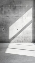Sunlight casts geometric shadows on a stark concrete wall, creating a striking interplay of light and texture in this minimalist architectural scene.