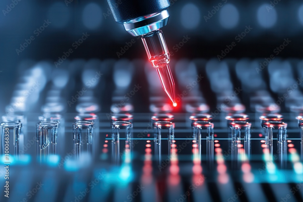 Aufkleber A close-up image of a laser pointer aimed at a grid of illuminated buttons, showcasing a blend of technology and precision.