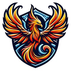 Obraz premium Fiery phoenix soaring on a shield.