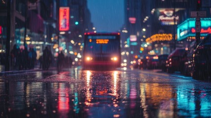 Obraz premium City Bus In Rain At Night Colorful Lights