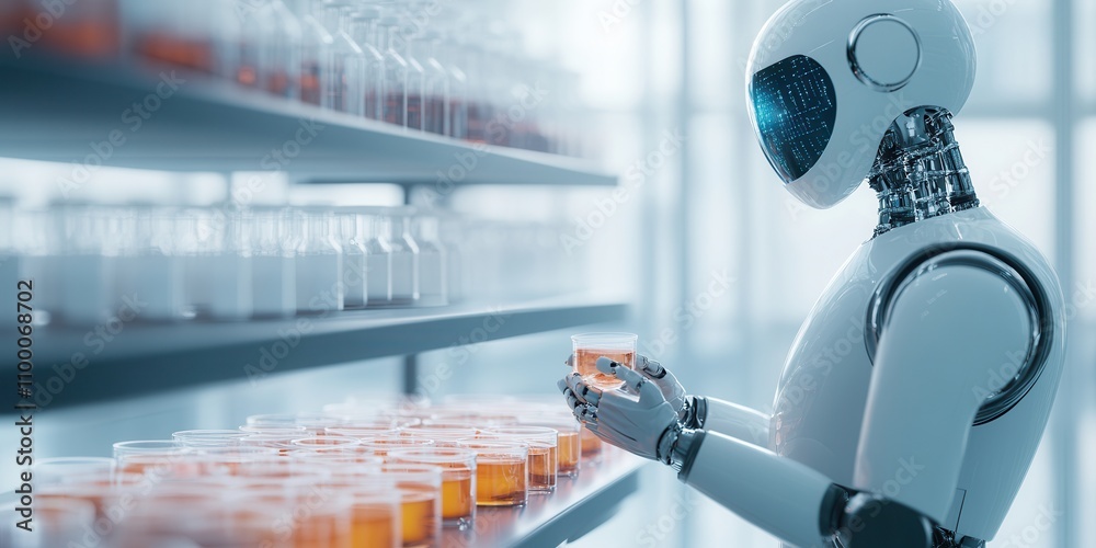 Poster a robot analyzes glass vials in a modern lab, showcasing integration of technology in scientific res