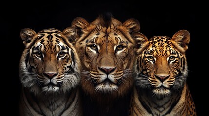 Close portrait big wild cats (lion, tiger, two leopards) on black background