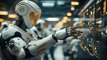 Advanced humanoid robot interacting with a digital display in a futuristic laboratory, showcasing technology and artificial intelligence capabilities