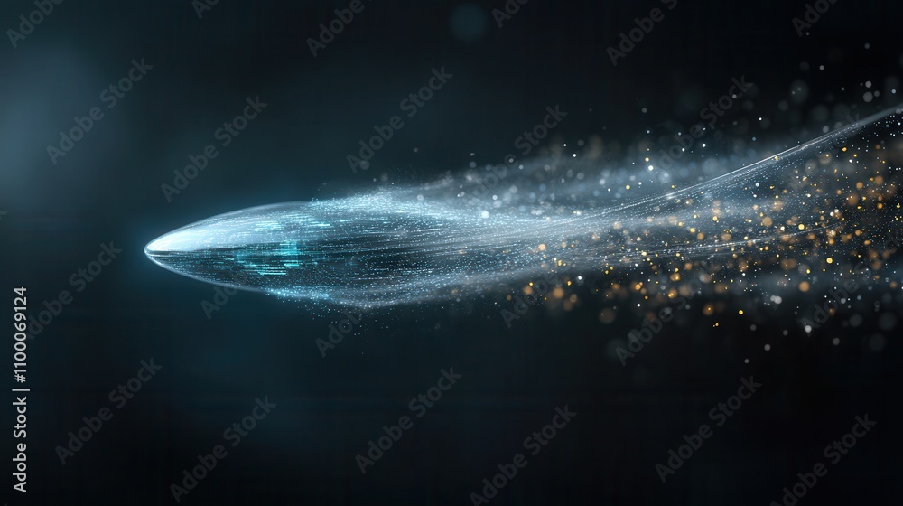 Poster a sleek, futuristic object glides through a dark, sparkling environment, leaving a trail of shimmeri