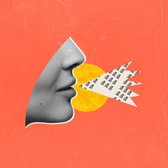 Contemporary art collage. Close-up of face with speech text shapes emerging from mouth on orange...