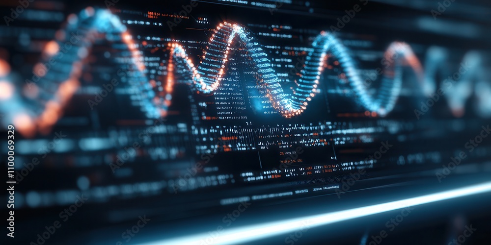 Poster A vibrant visualization of waveforms and digital data, showcasing intricate patterns and technological elements in a dynamic, high-tech environment.
