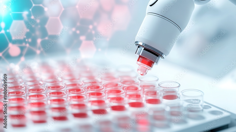 Poster a high-tech microscope dispensing red liquid into a multi-well plate, illustrating advanced laborato