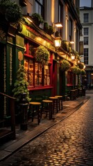 Fototapeta premium Enjoying a charming and delightful evening in a quaint little pub, nestled amid cobblestone streets
