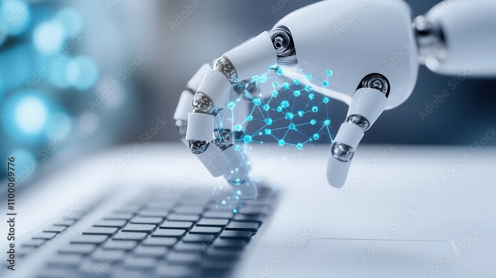 Aufkleber A robotic hand interacts with a keyboard, emitting digital particles, symbolizing advanced technology and automation.