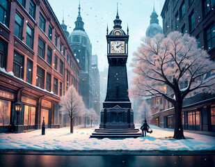 Victorian Clock Tower in Snowy City Street