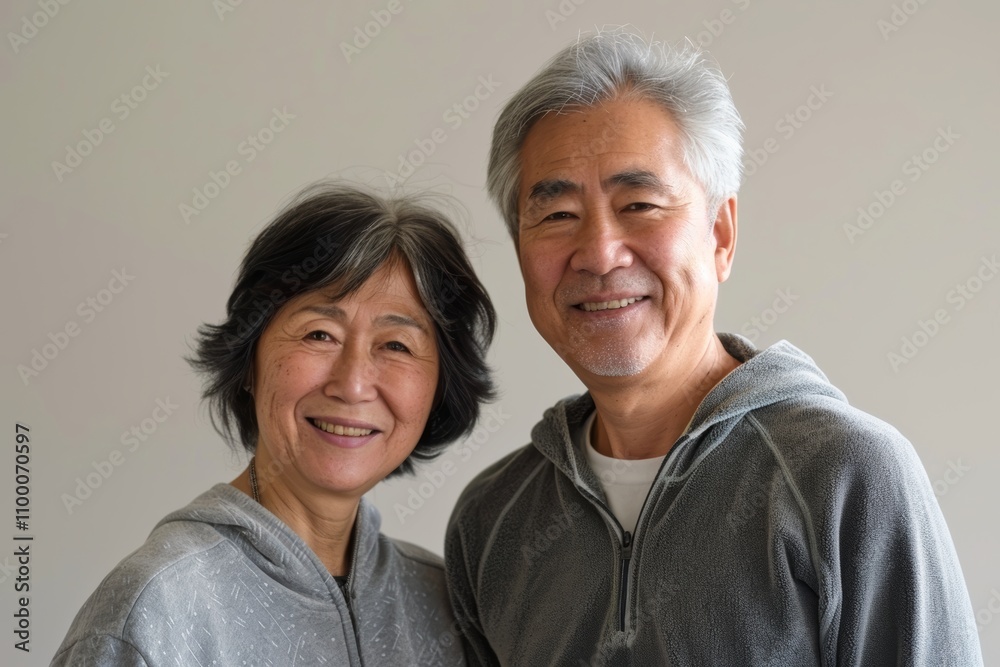 Wall mural Portrait of a smiling asian couple in their 70s wearing a zip-up fleece hoodie isolated on minimalist or empty room background