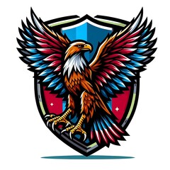 Obraz premium A majestic eagle with red, white, and blue wings perched on a shield.